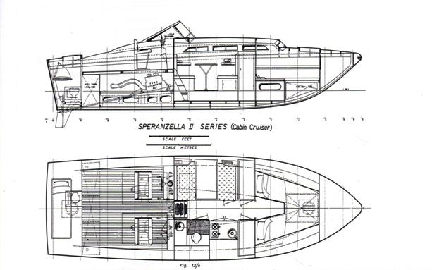 Speranzella II(Cabin Cruiser) disegno di Sonny Levi-Sezione longitudinale degli interni sul p.o e p.v.