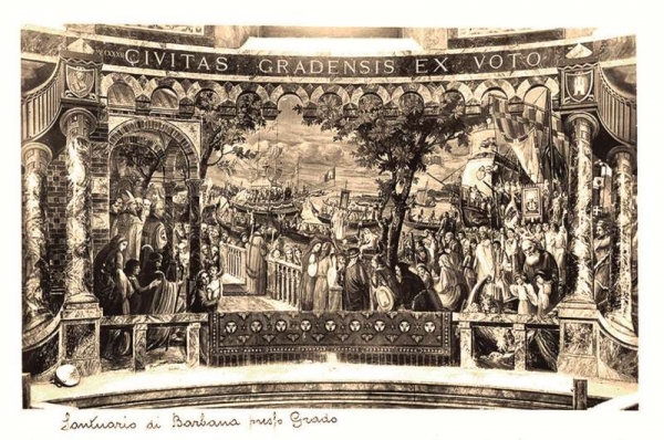 cartolina con affresco della cupola del Santuario di Tiburzio Donadon - processione votiva del 1237
