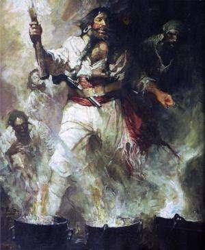 blackbeard in smoke and flames