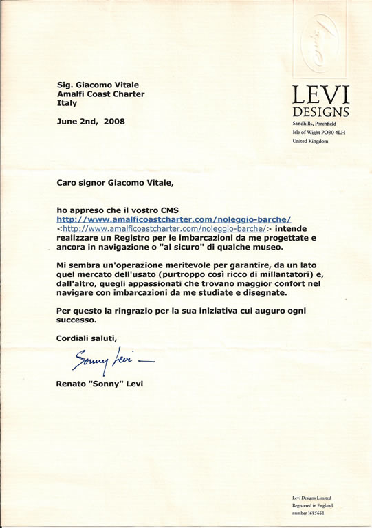 Lettera di Renato Sonny Levi al Registro Storico Carene Levi